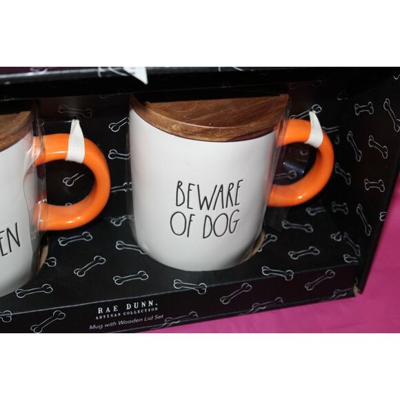 NEW! Rae Dunn  Rae Dunn Happy Howloween Beware Of Dog Wooden Lidded Mug Set Halloween Artisan